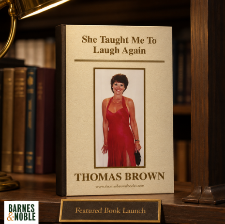 She Taught Me To Laugh Again book displayed on a textured surface